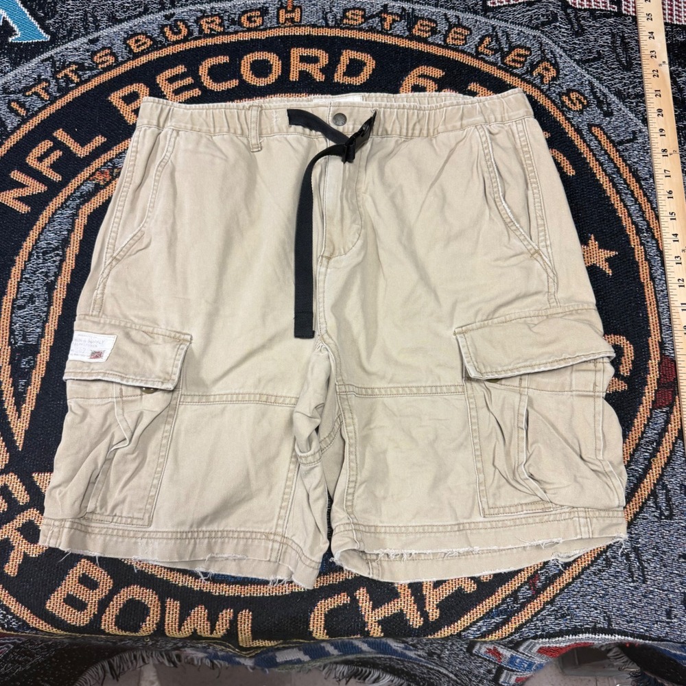 Denim & Supply Ralph Lauren Mens Khaki Cargo Shorts Belted Distressed Hem 34